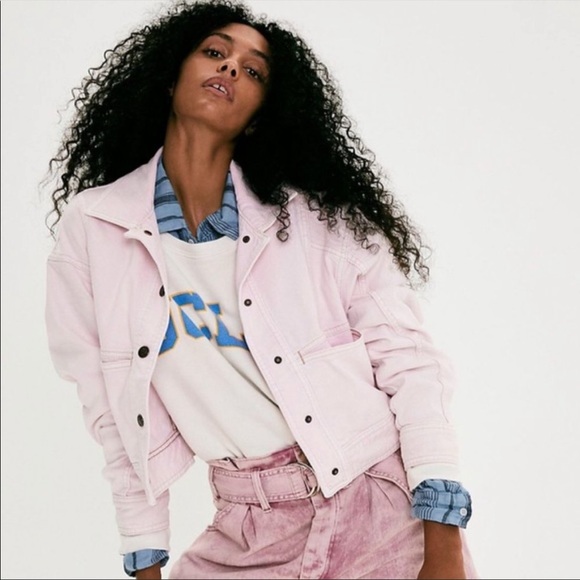 Free People Star Crossed Denim Jacket cropped Pink size large